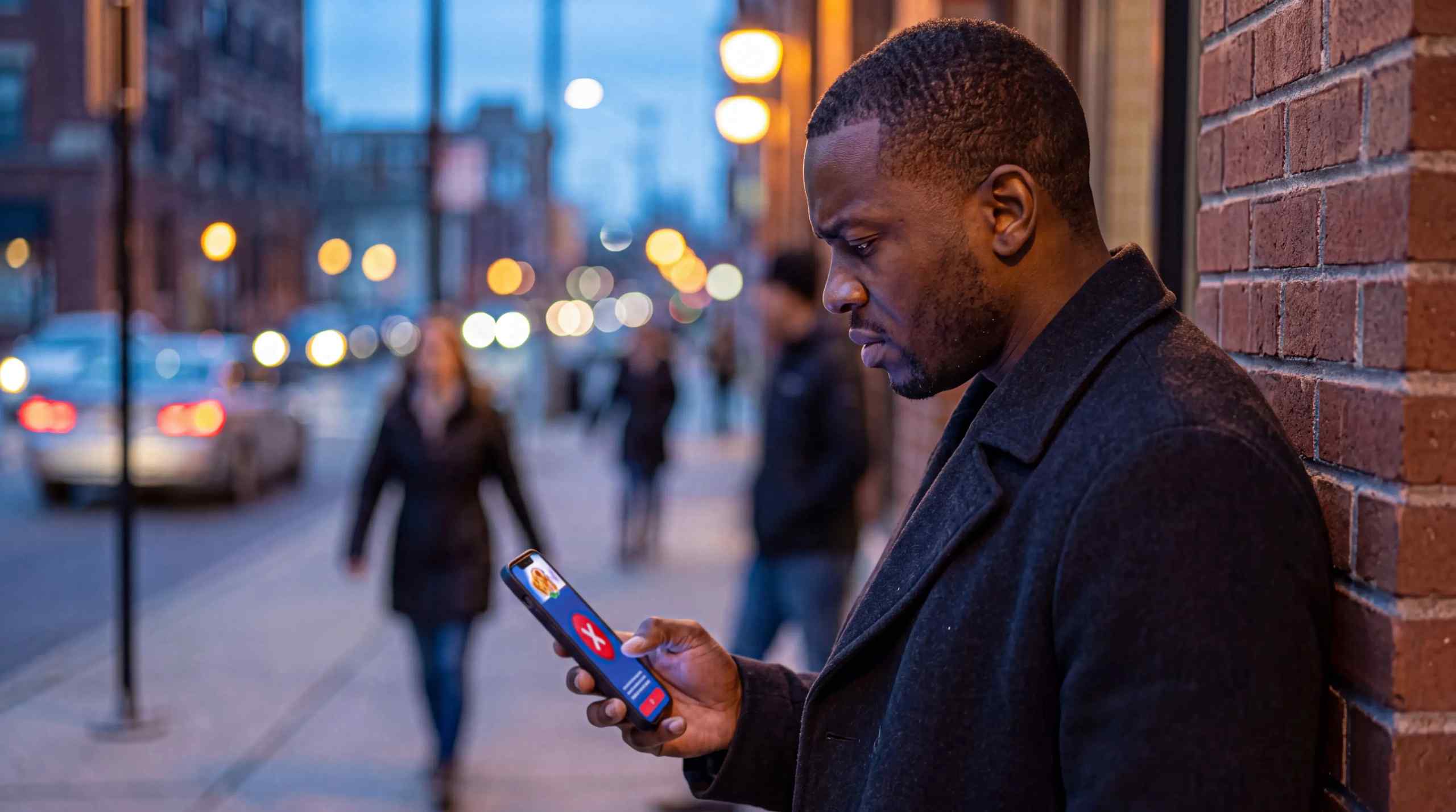 A man gets a notice on his phone that he is promo-banned.